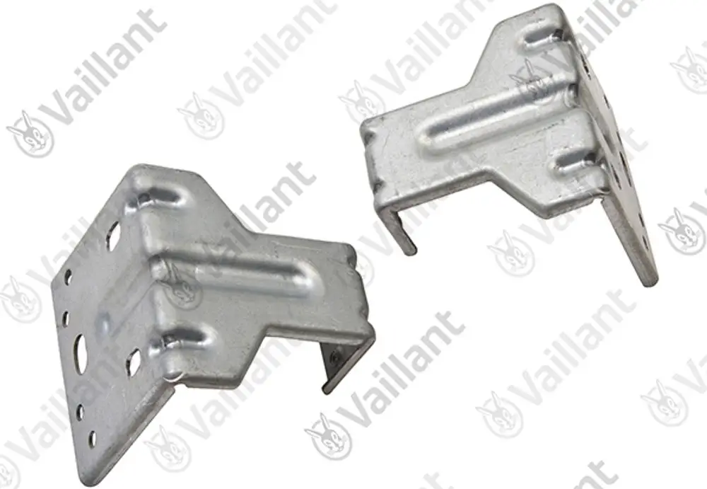 Zwei metallische Konsolen von Vaillant, grau verzinkt, mit mehreren Bohrlöchern für die Montage, geeignet zur Befestigung von Heizungs- oder Klimageräten.